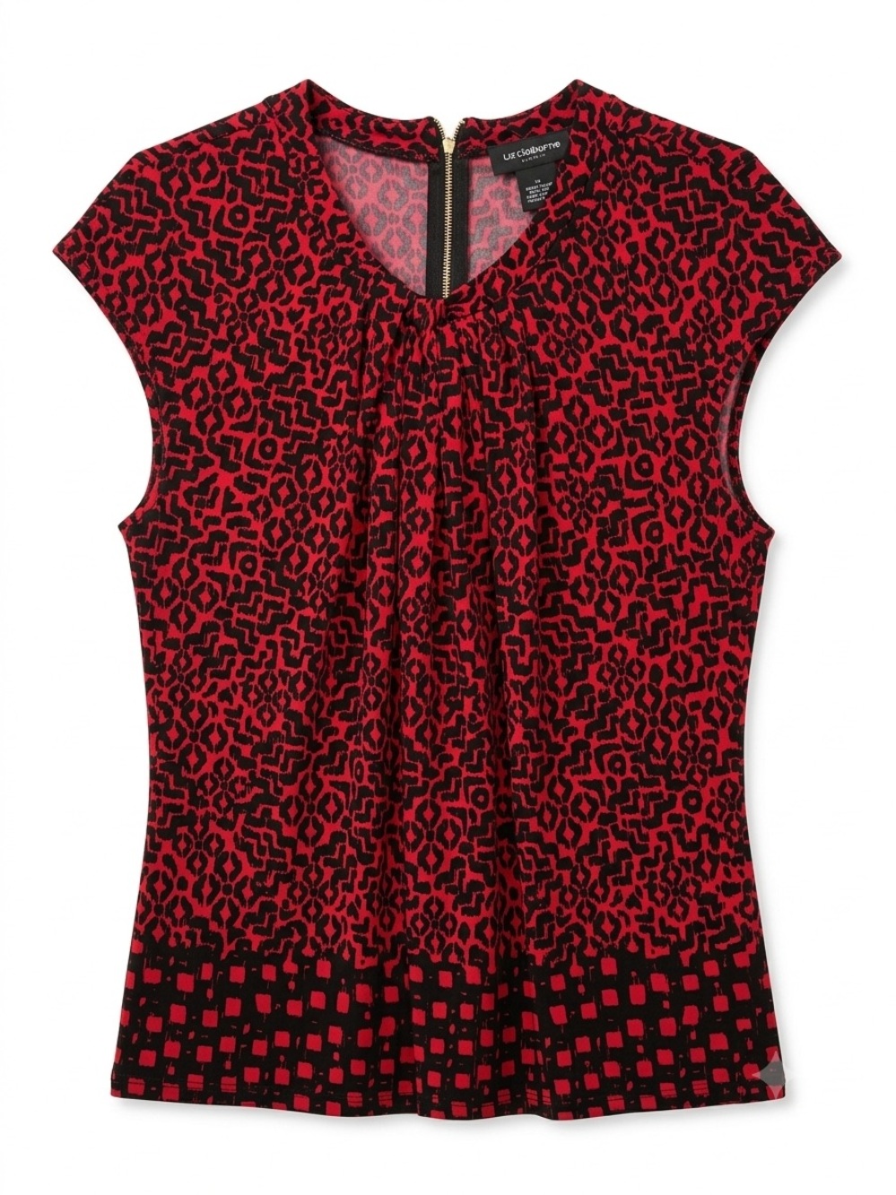Liz Claiborne Red and Black Cap-Sleeve Printed Blouse